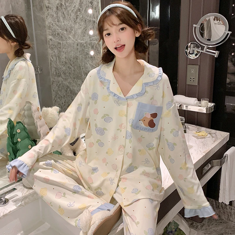 睡衣女生长袖公主风2025新款春秋季纯棉甜美风初中生开衫家居服套