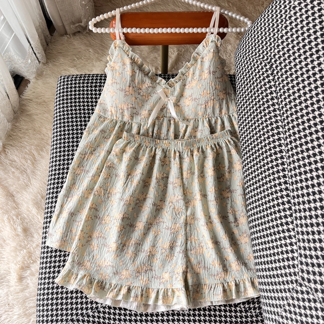 碎花云朵棉夏吊带睡衣两件套装女爆款2025新款带胸垫可外穿家居服