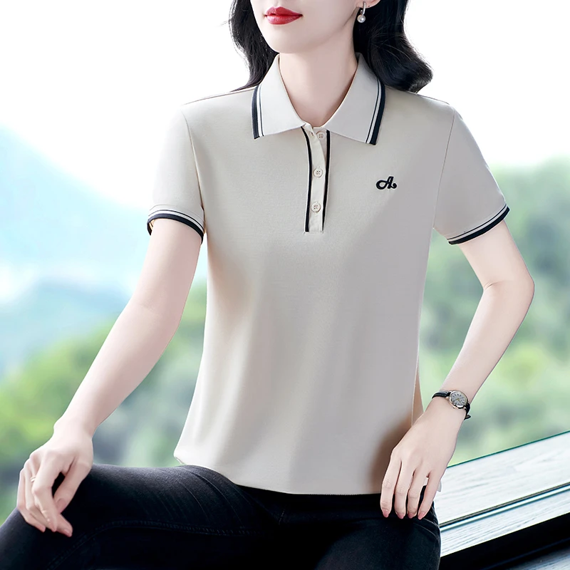 中年妈妈夏季洋气翻领短袖减龄百搭休闲薄款T恤运动polo上衣女