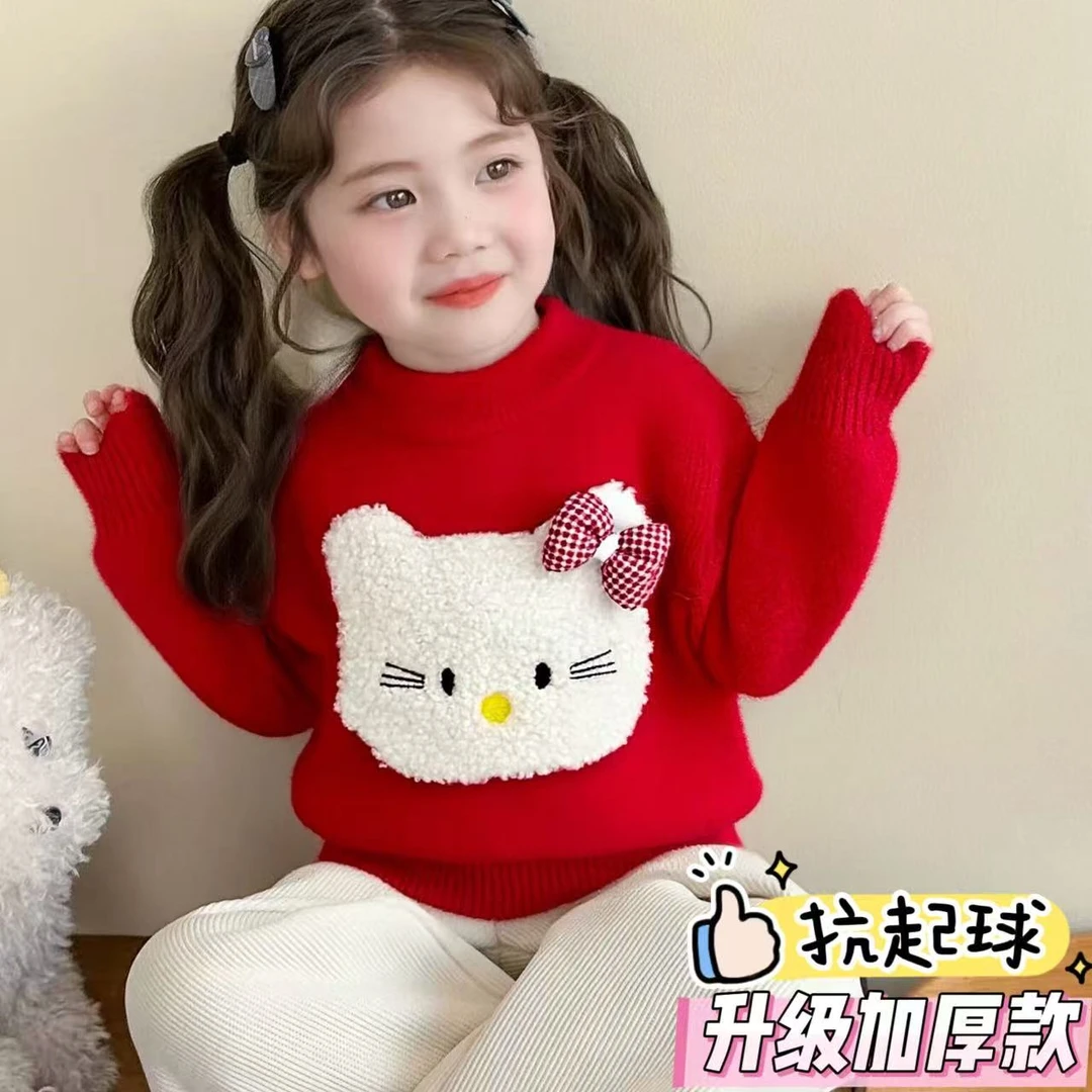 女童过年毛衣冬款可爱立体猫咪口袋套头红色儿童女宝宝冬装针织衫