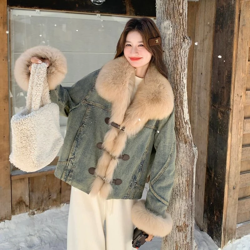 牛仔加厚羽绒服女2025冬季新款复古短款毛毛拼接白鸭绒派克服外套