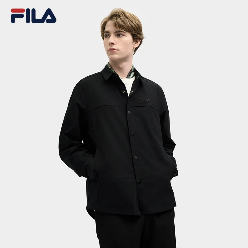 FILA 斐乐官方男子针织长袖上衣2025春季新款时尚休闲舒适黑衬衫