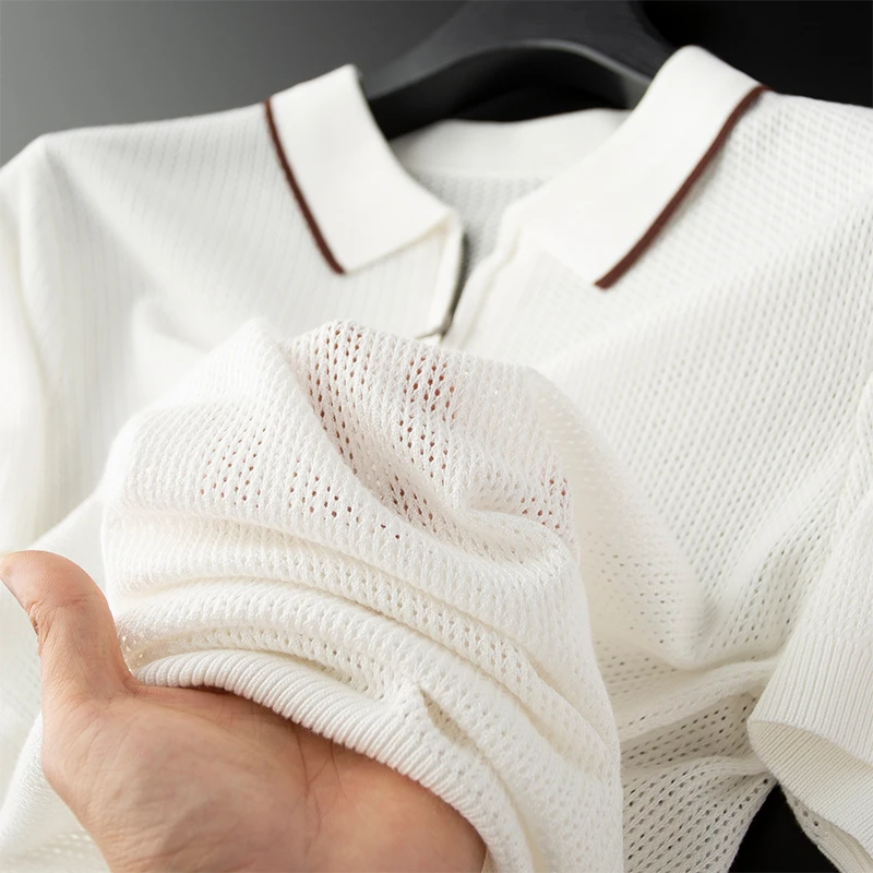 裸奔感~镂空冰丝半拉链polo衫男短袖修身白色男桑棉质青年POLO衫