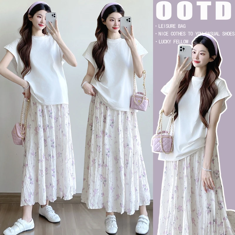 夏季新款孕妇套装时尚宽松简约百搭短袖T高腰气质显瘦碎花半身裙1