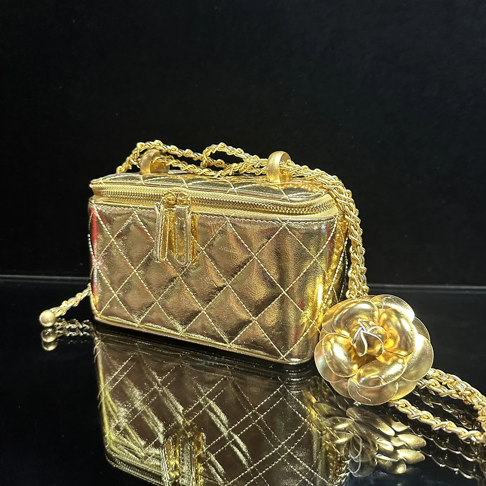 【L.K.BABY】时尚高级感格纹金色长方形百搭斜挎手提包