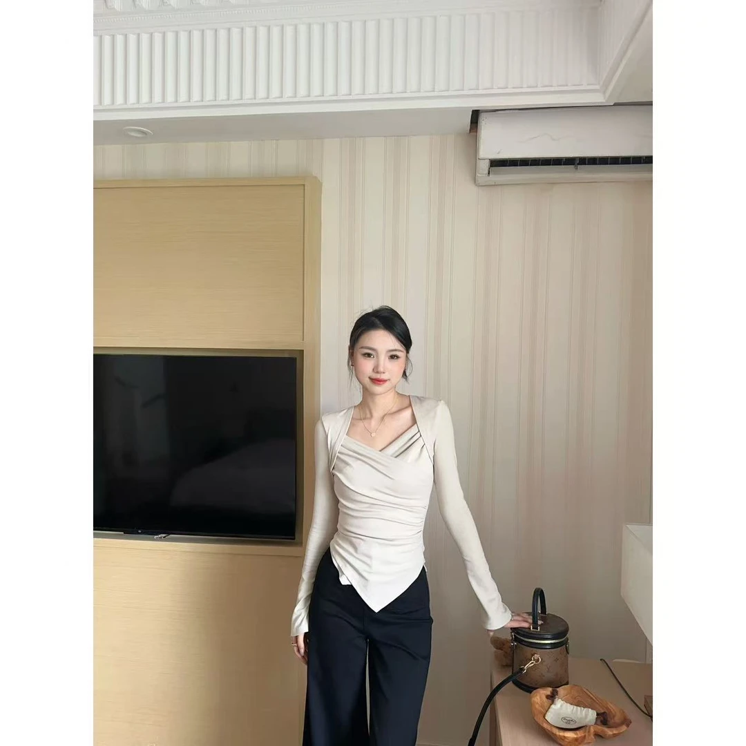 【氧气韩女】加长交叉不规则下摆打底衫女新款长袖褶皱T恤上衣25151