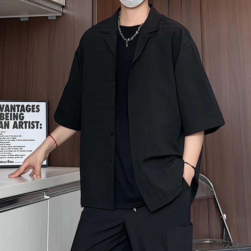 夏季新款西服领衬衫男短袖宽松西装领衬衣薄款外套潮流帅气男装