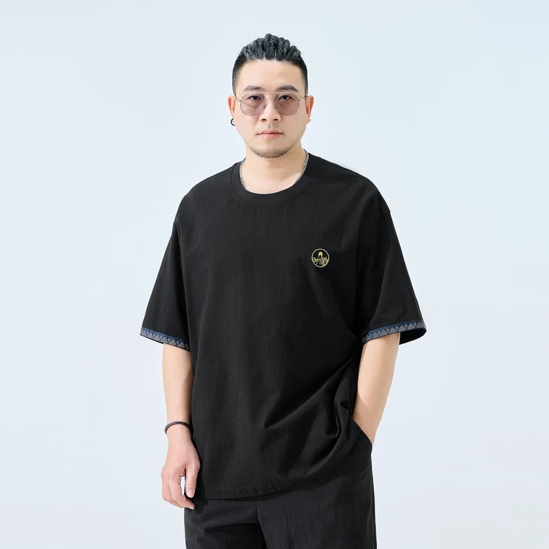半墨大码男装全棉肌理国风短袖T恤夏季新款胖子男士200-300斤0387