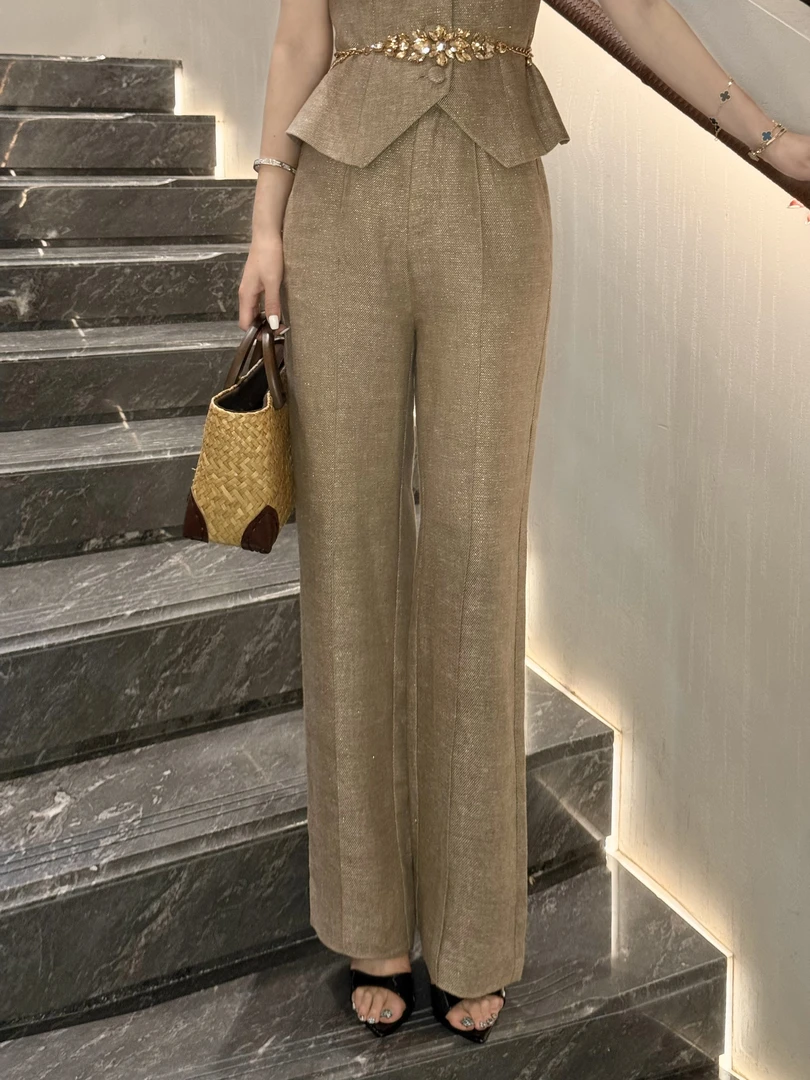 LUXURYMEMO【金夫人裤子】金属丝亚麻修身裤子