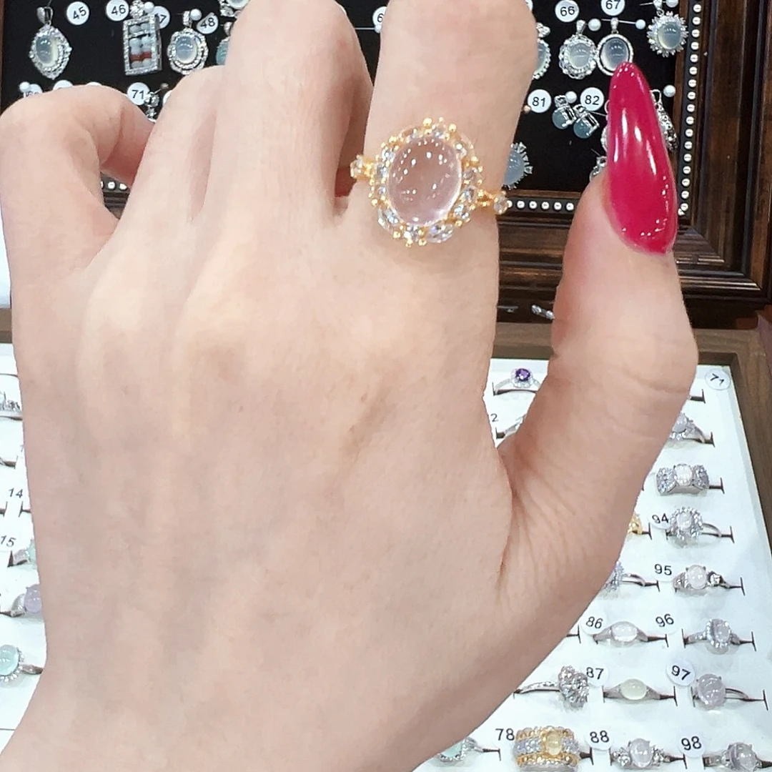 蛇纹石玉银S925镀金镶嵌戒指