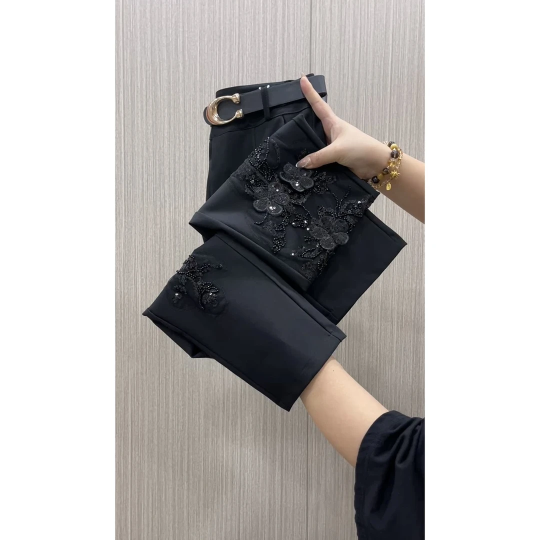 夏季蕾丝时尚修身拼接2025年新款显瘦镂空高腰八分弹力直筒烟管裤