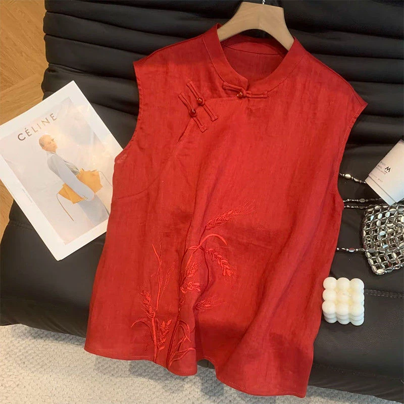 2025夏季无袖新中式立领刺绣薄款衬衫时尚女装女士上衣套头T恤