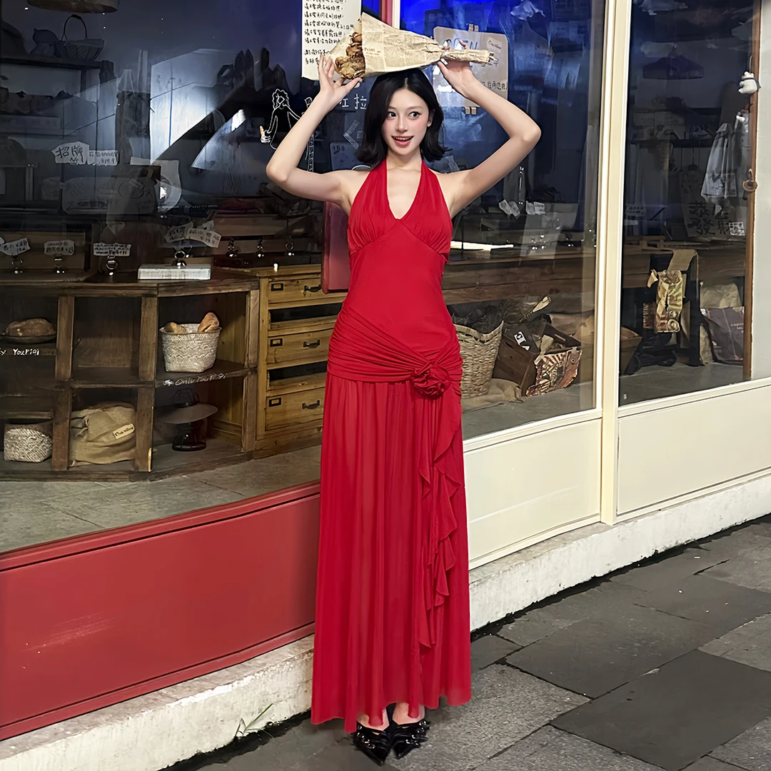 Malou 妖冶玫瑰冷艳女神V领垂坠性感显瘦挂脖连衣裙女夏K25D72177