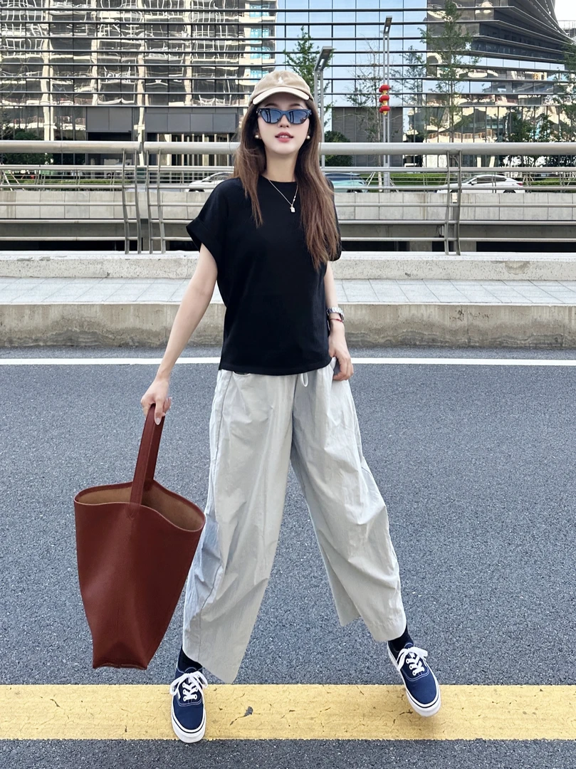 水泥灰女士高腰松紧休闲裤