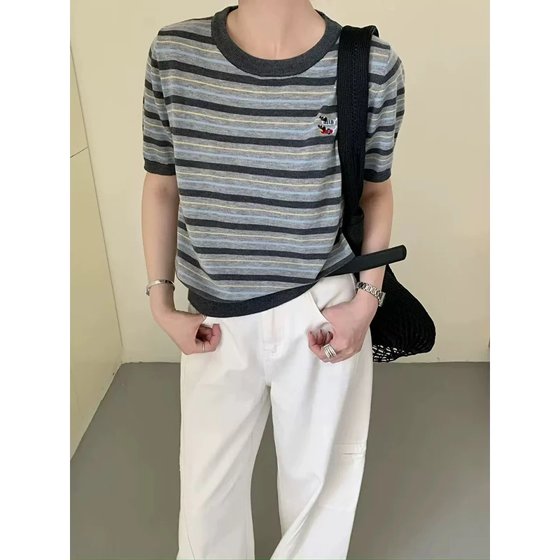 丹姐家~撞色条纹百搭卡通针织短袖T恤