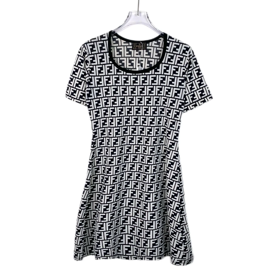 95新 FENDI/芬迪 Q11139 黑白色logo字母满印短袖连衣裙 38 XS码