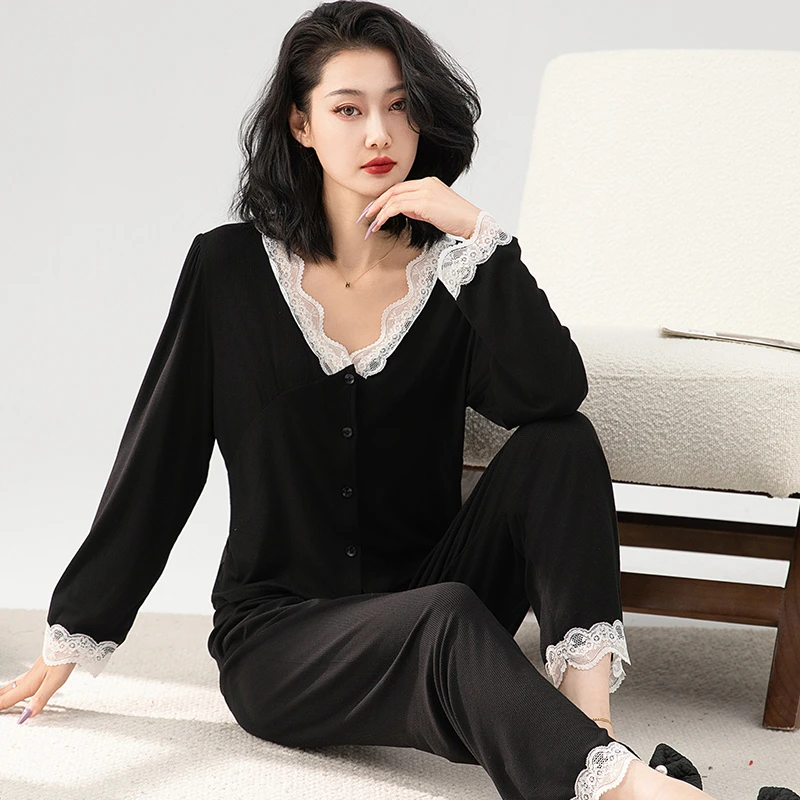 2025新款莫代尔开衫睡衣长袖蕾丝性感春秋季长袖套装可外穿家居服