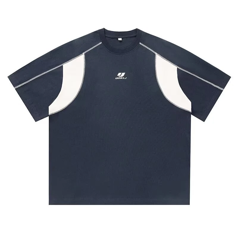 短袖T恤夏季美式复古拼接撞色字母男女休闲运动设计高级感中袖