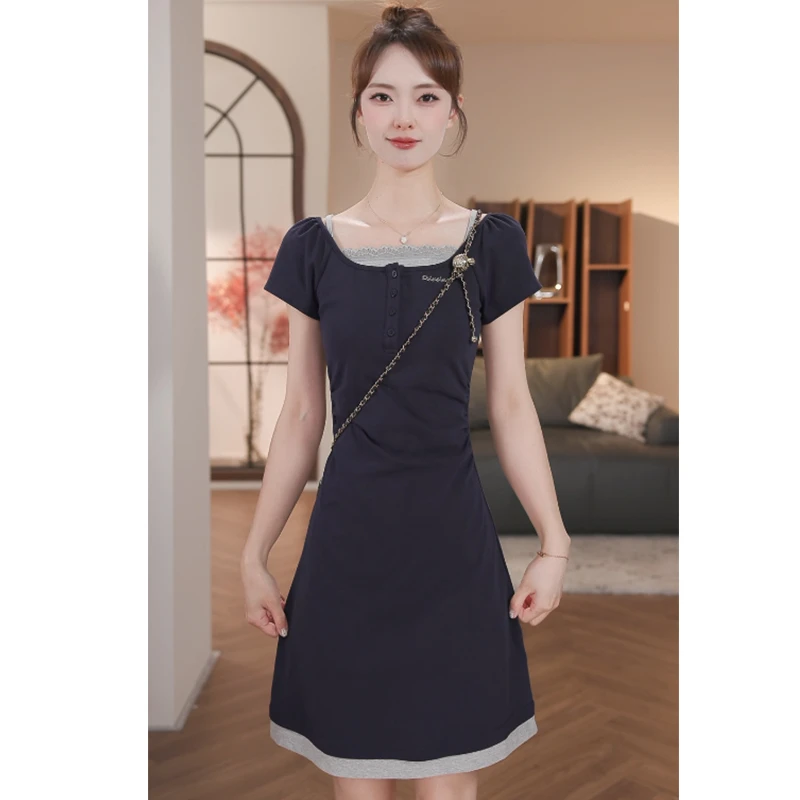 乔琪拉-【自由篇章】夏季新款学院假两件A字裙修身显瘦连衣裙裙子