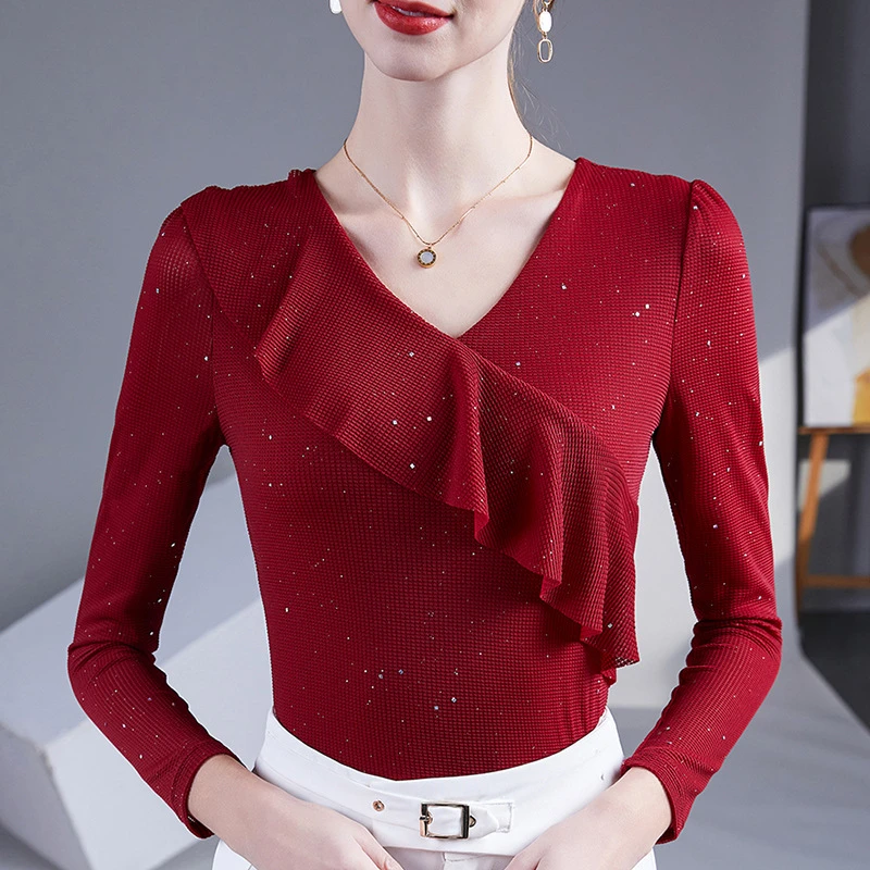 女士体恤款荷叶边V领轻熟风V领T恤百搭内搭修身性感春秋长袖洋气