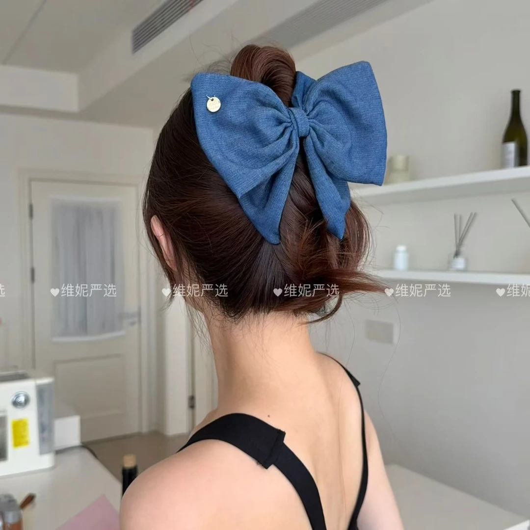 一款两戴！可折叠双层牛仔蓝韩系饱满后脑勺蝴蝶结三角抓夹发带
