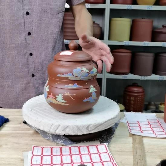 紫砂茶叶罐正品小葫芦山水9739