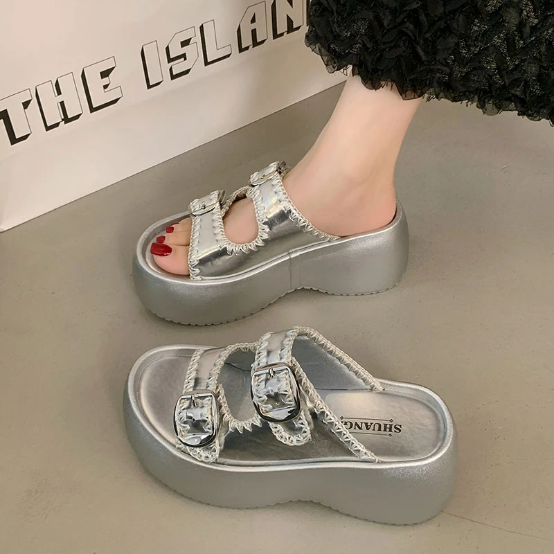 法式厚底拖鞋女夏季2025新款外穿时尚百搭中高跟凉拖仙女风一字拖