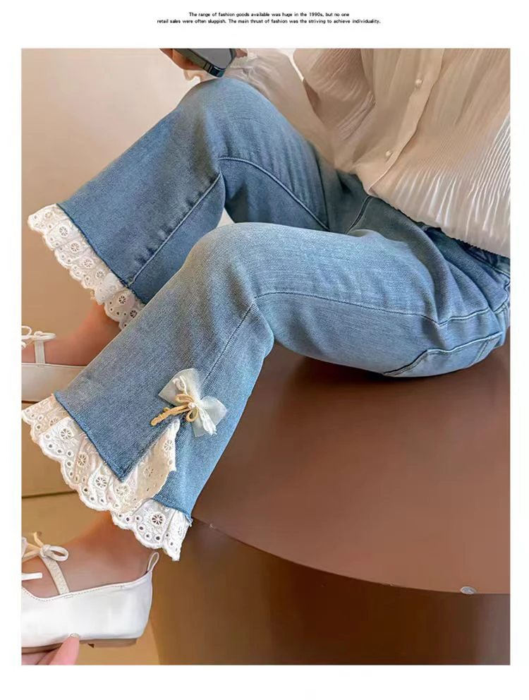 女童牛仔裤春秋2025新款洋气喇叭裤韩版儿童宝宝长裤花边裤子