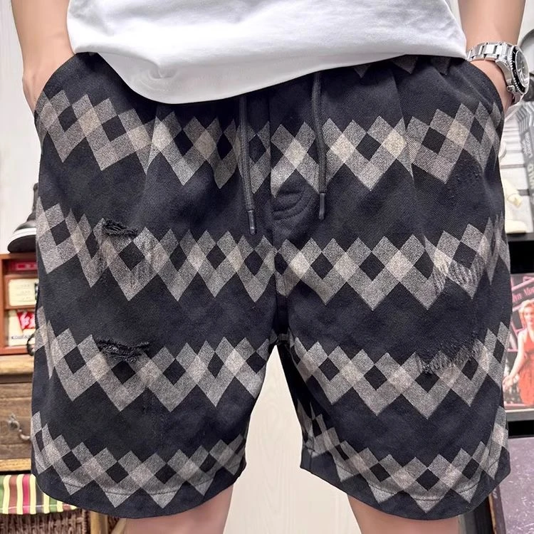 XOQ官方破洞牛仔短裤民族风条纹格子印花宽松锥形裤松紧腰男街头