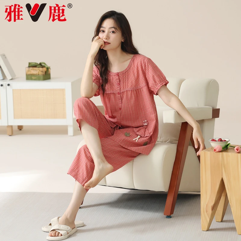 雅鹿睡衣女夏季梭织100%纯棉短袖七分裤妈妈夏天薄款家居服可外穿