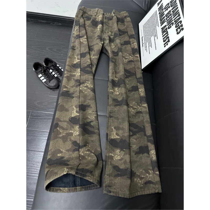 美式复古迷彩牛仔裤男款秋冬季加绒高街痞帅裤子窄版显瘦微喇长裤