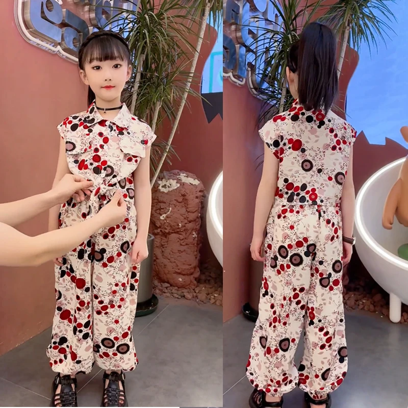 女童夏装套装2025新款中大童韩版洋气小女孩碎花无袖工装风两件套