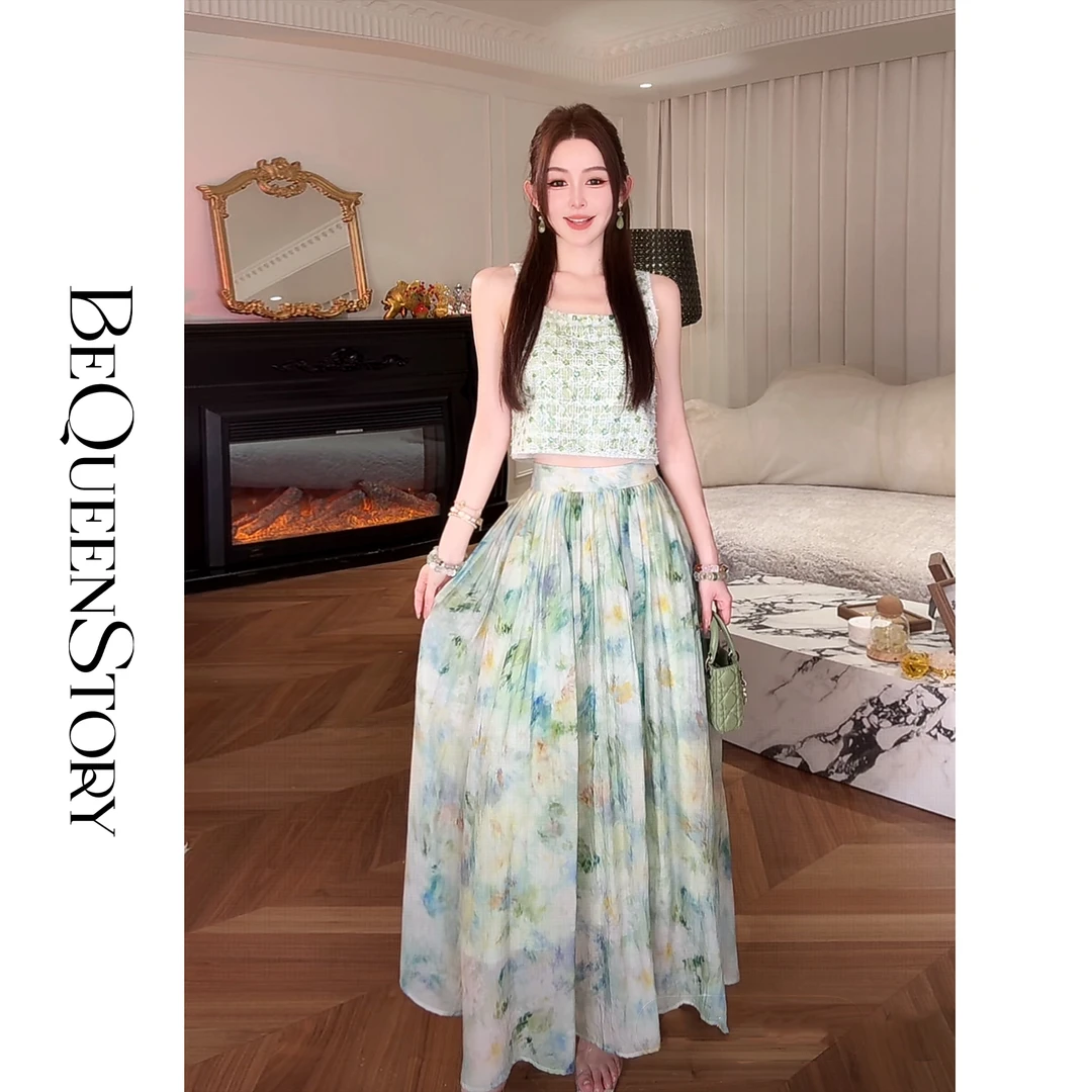 余潇潇【莲池清波】高级感花朵方领短款背心&宽松晕染长半裙