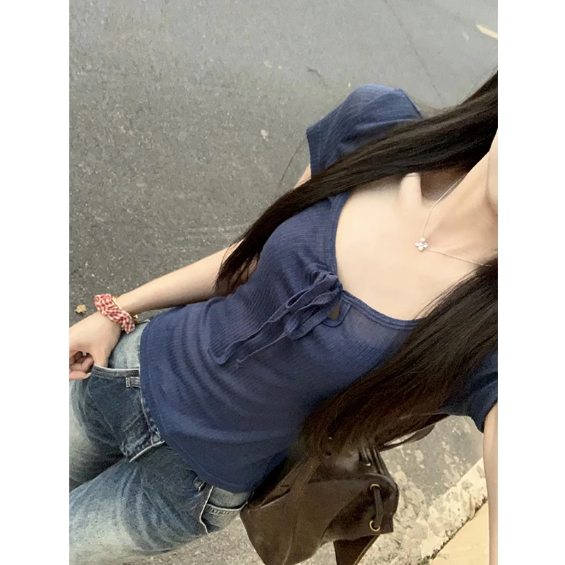韩系辣妹纯欲绑绳微透短款短袖t恤女夏季修身小个子显瘦百搭上衣