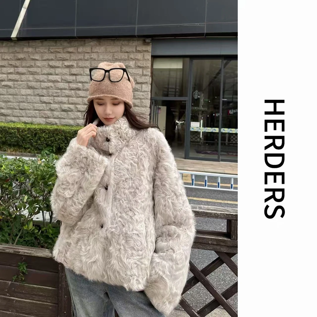 HERDERS ‘小湖羊’网红辣妹短款立领纽扣款皮草外套 256960
