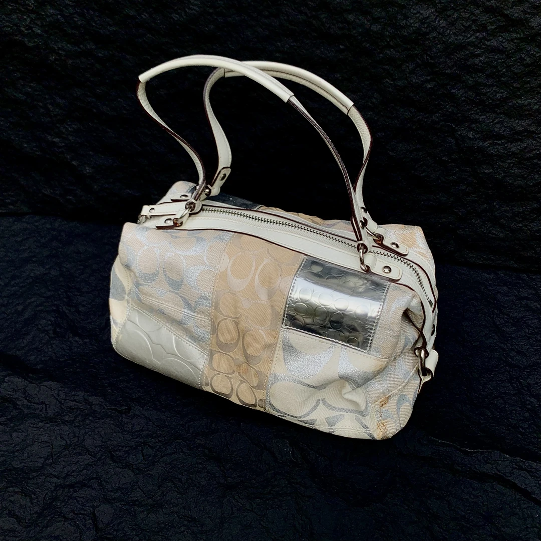 95新 COACH/蔻驰 经典百搭简约时尚老花帆布拼接单肩波士顿