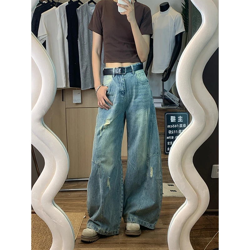 美式复古弯刀牛仔裤春夏新款做旧水洗男女垂感破洞阔腿长裤潮