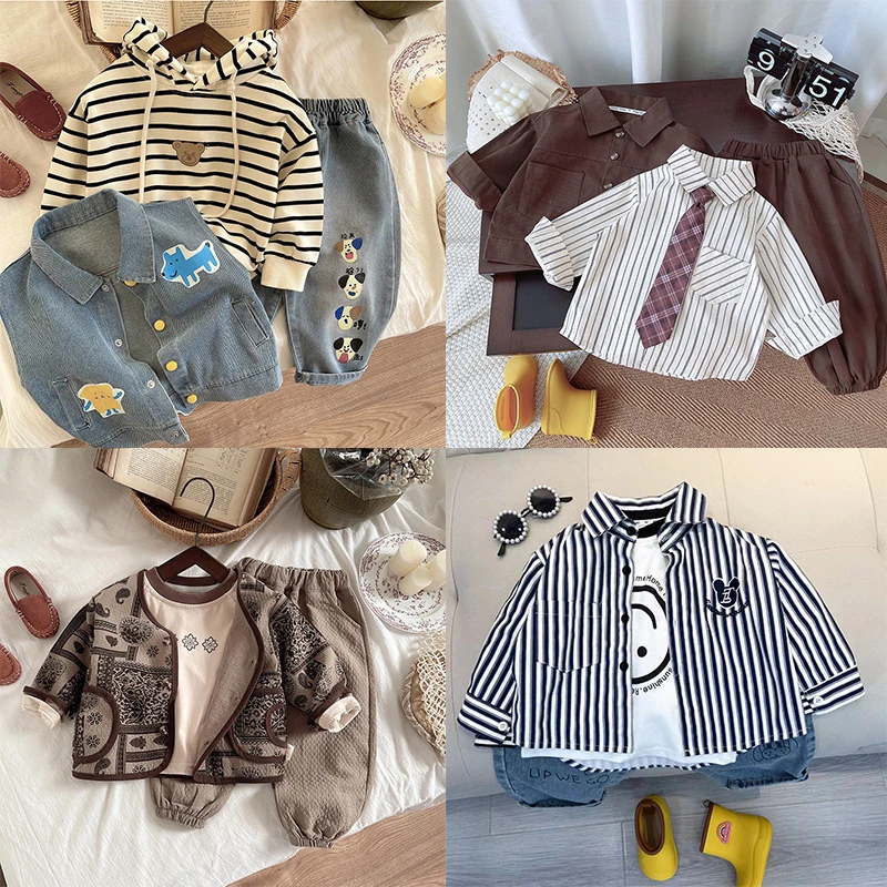 （组合）男童休闲风男女通用条纹长袖休闲男春装衬衫男宝春秋套装