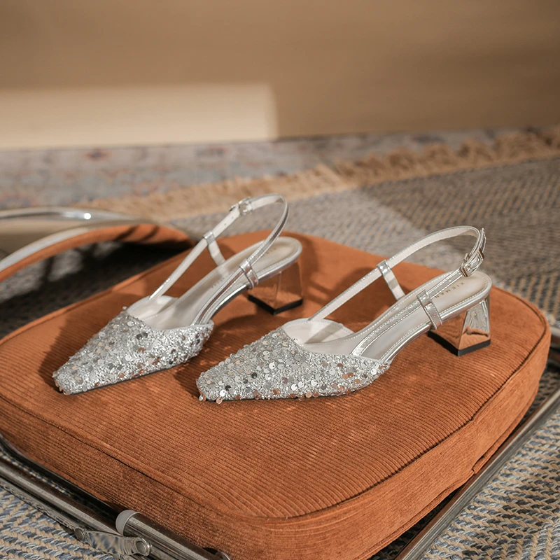 鞋漫流光舞曲~粗跟小方头亮片包头后空凉鞋女时尚气质高跟鞋夏季