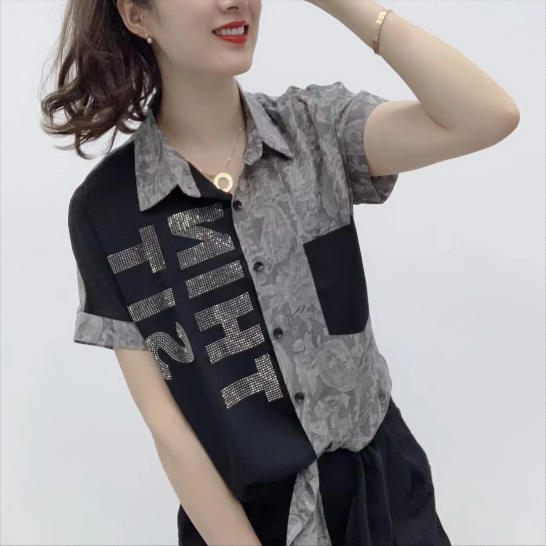 夏季短袖衬衫女洋气百搭复古字母拼色显瘦气质小衫