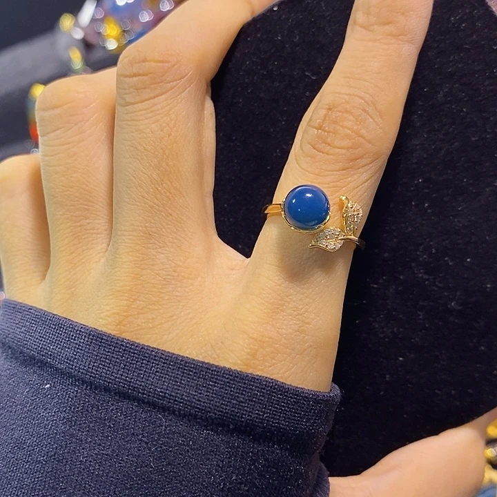 蓝珀银S925镶嵌珠宝奇石多米尼加蓝珀戒指