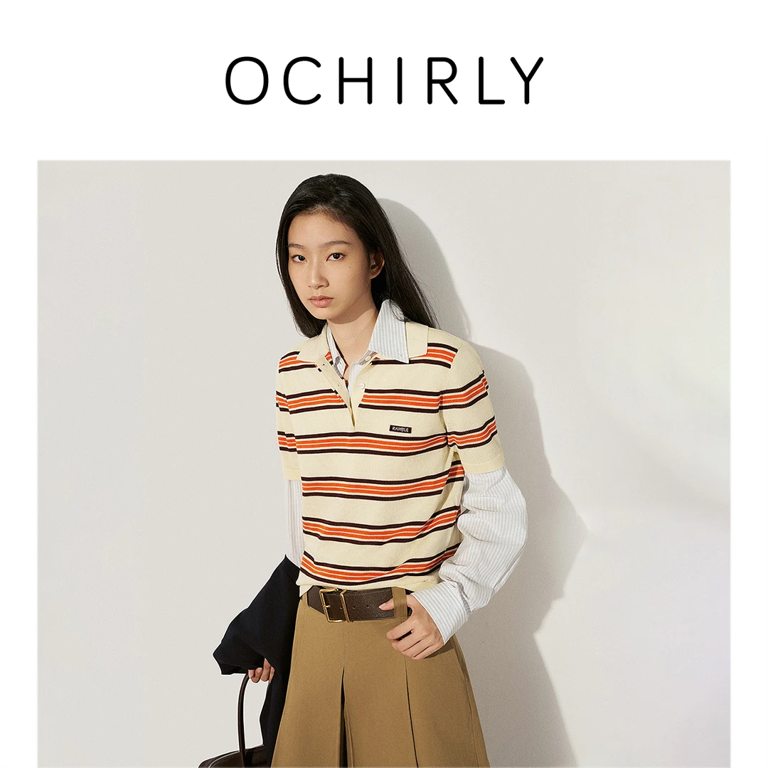 OCHIRLY欧时力桑蚕丝短袖针织衫女撞条纹Polo衫透气25春