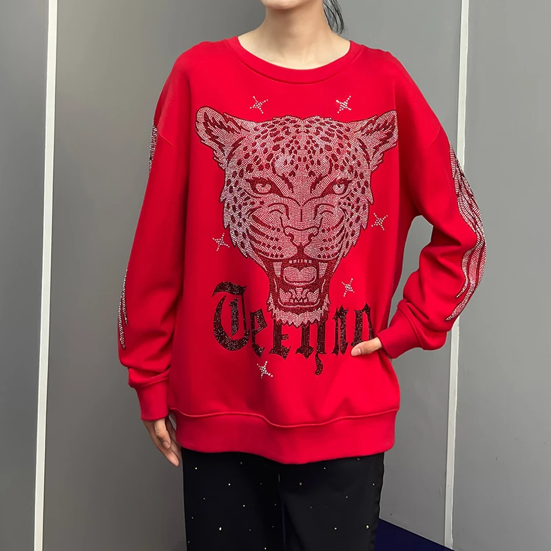 2024秋冬新款轻奢潮牌满天星烫钻卫衣女宽松版百搭上衣男女同款