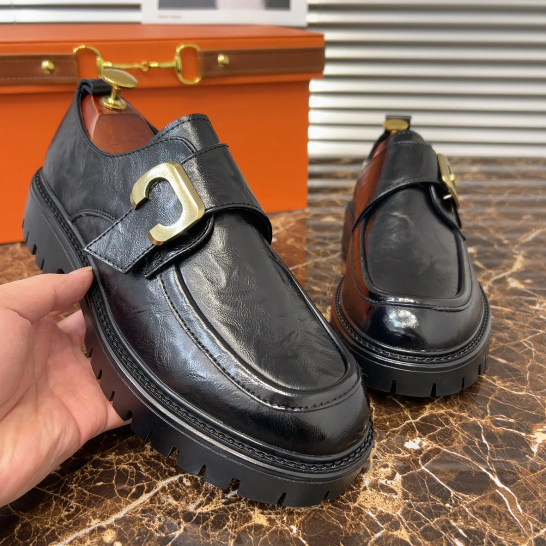 BLUE春秋新款厚底商务休闲软底软面德比鞋男士皮鞋男鞋增高鞋