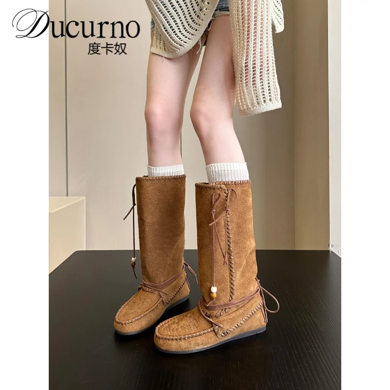 严选必入款~牛货真皮个性波西米亚覆古中筒靴短靴子女西部牛仔靴