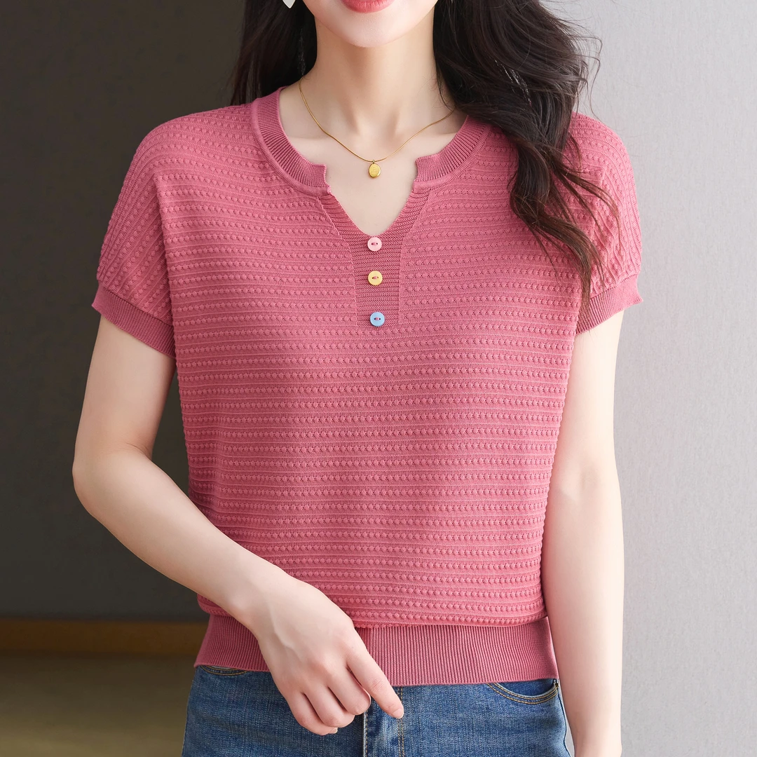 【新客立减】凉感天丝短袖T恤女夏季半开领宽松套头衫纯色薄针织衫