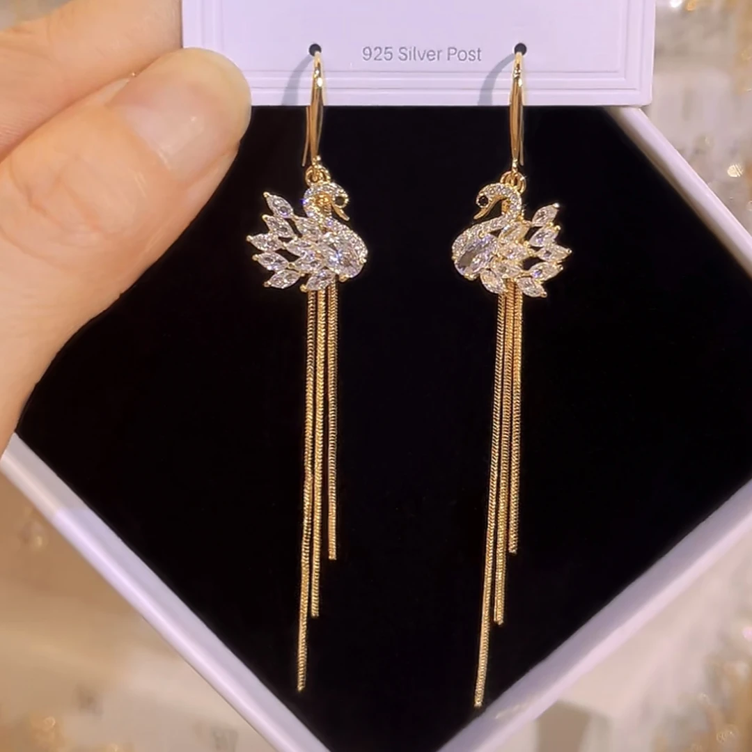 铜合金合成锆石耳饰 超仙长款百搭天鹅流苏耳环W158气质高级感