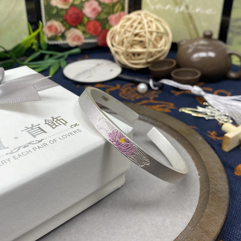 足银手镯 7号  珐琅彩莲花 开口