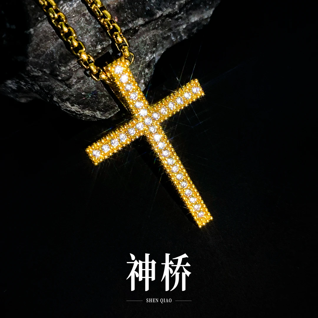 钛钢锆石项链 美式镶钻十字架项链男士满钻吊坠锁骨链金色高级