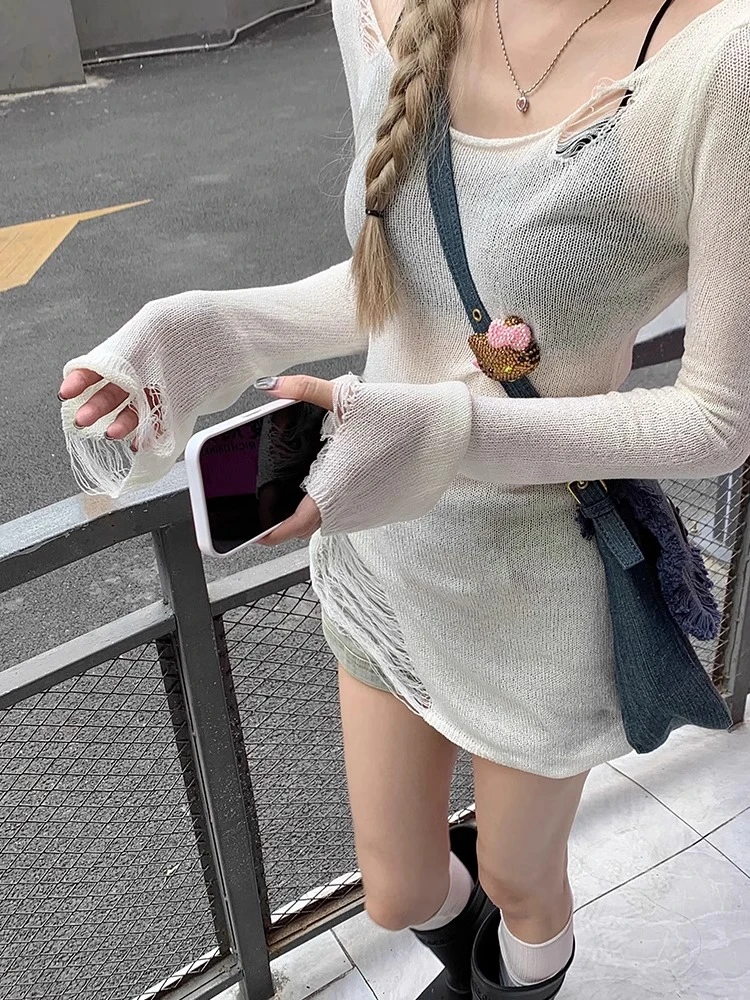 长袖破洞镂空针织衫女春季不规则薄款毛衣防晒罩衫设计感修身上衣